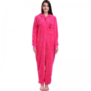 Femei Pijamale roz calde Onesie Hooded cu urechi de animale